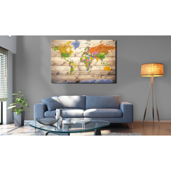 Canvas Print - Map on wood: Colourful Travels